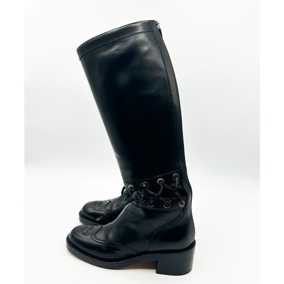 Chanel Knee High Boots Cap Toe Black Leather Lace Up Cutout - Picture 15 of 16